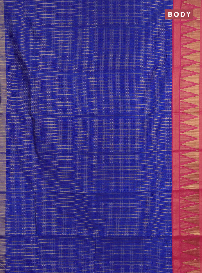 Semi dupion saree blue and pink with allover zari checks & buttas and temple design zari woven border
