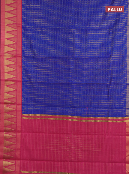 Semi dupion saree blue and pink with allover zari checks & buttas and temple design zari woven border
