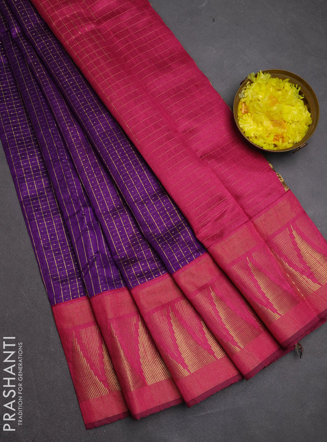 Semi dupion saree violet and pink with allover zari checks & buttas and temple design zari woven border