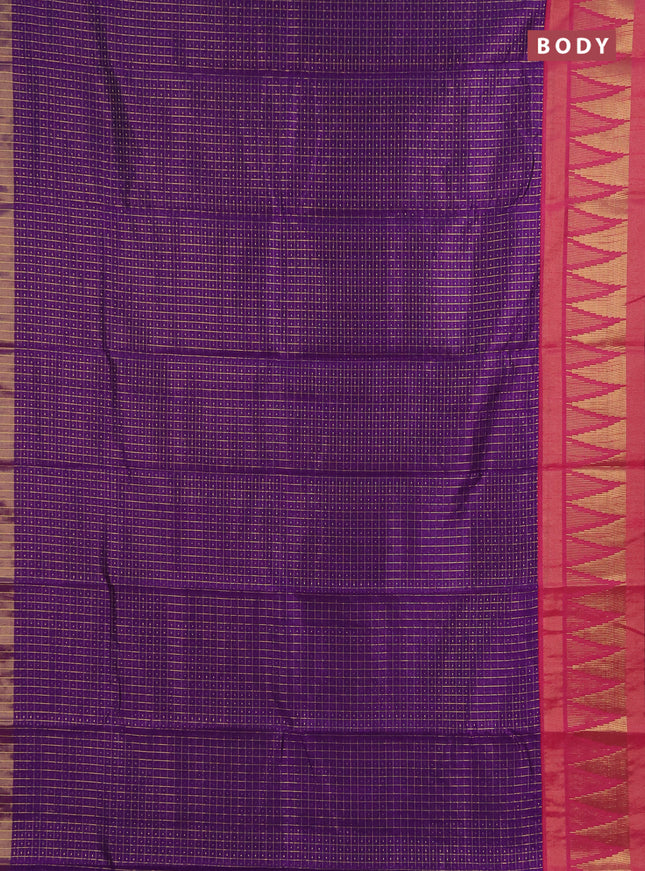 Semi dupion saree violet and pink with allover zari checks & buttas and temple design zari woven border