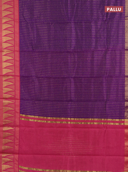 Semi dupion saree violet and pink with allover zari checks & buttas and temple design zari woven border