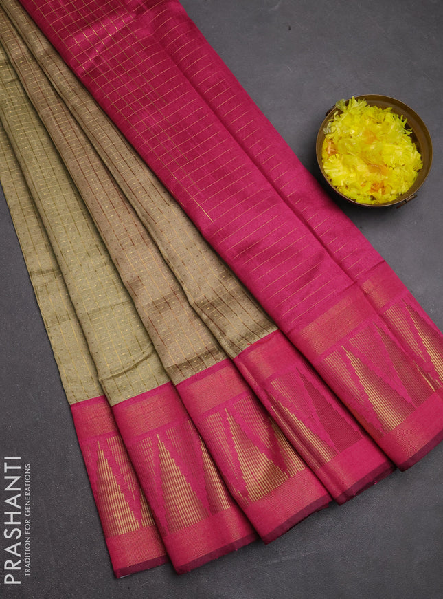 Semi dupion saree beige and pink with allover zari checks & buttas and temple design zari woven border