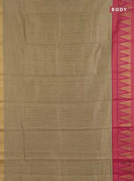 Semi dupion saree beige and pink with allover zari checks & buttas and temple design zari woven border
