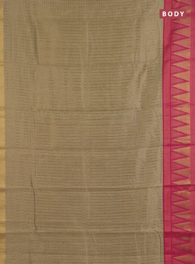 Semi dupion saree beige and pink with allover zari checks & buttas and temple design zari woven border