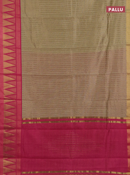Semi dupion saree beige and pink with allover zari checks & buttas and temple design zari woven border