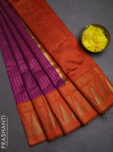 Semi dupion saree purple and rust with allover zari checks & buttas and temple design zari woven border