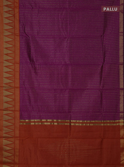 Semi dupion saree purple and rust with allover zari checks & buttas and temple design zari woven border