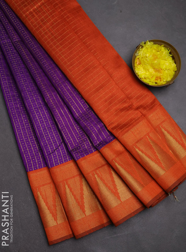 Semi dupion saree violet and rustic orange with allover zari checks & buttas and temple design zari woven border