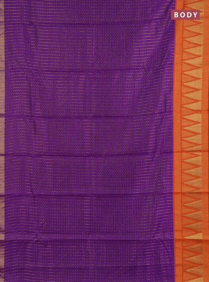Semi dupion saree violet and rustic orange with allover zari checks & buttas and temple design zari woven border