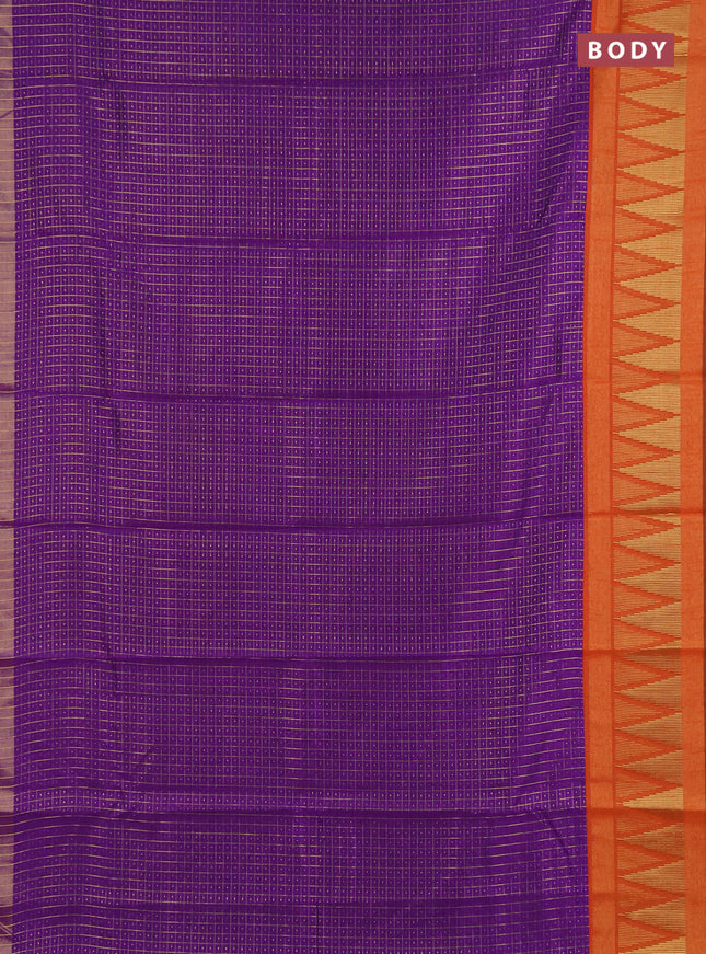 Semi dupion saree violet and rustic orange with allover zari checks & buttas and temple design zari woven border