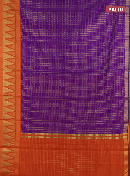 Semi dupion saree violet and rustic orange with allover zari checks & buttas and temple design zari woven border