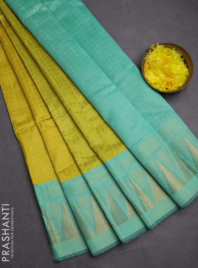Semi dupion saree lime yellow and teal green with allover zari checks & buttas and temple design zari woven border