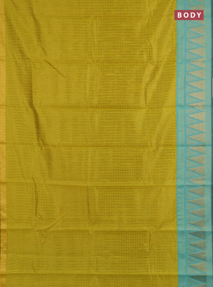Semi dupion saree lime yellow and teal green with allover zari checks & buttas and temple design zari woven border