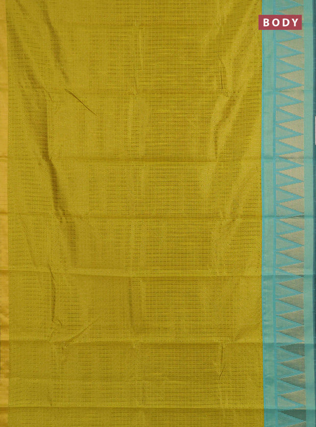 Semi dupion saree lime yellow and teal green with allover zari checks & buttas and temple design zari woven border