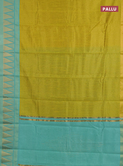 Semi dupion saree lime yellow and teal green with allover zari checks & buttas and temple design zari woven border