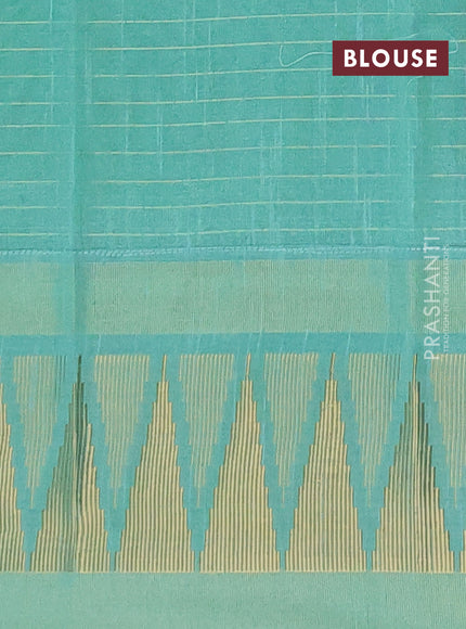 Semi dupion saree lime yellow and teal green with allover zari checks & buttas and temple design zari woven border