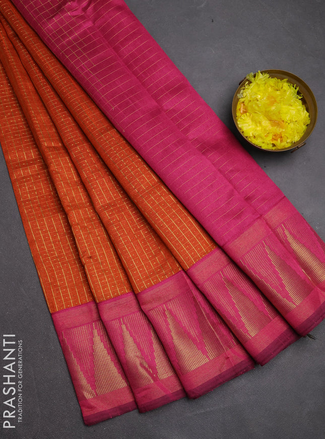 Semi dupion saree rust and pink with allover zari checks & buttas and temple design zari woven border