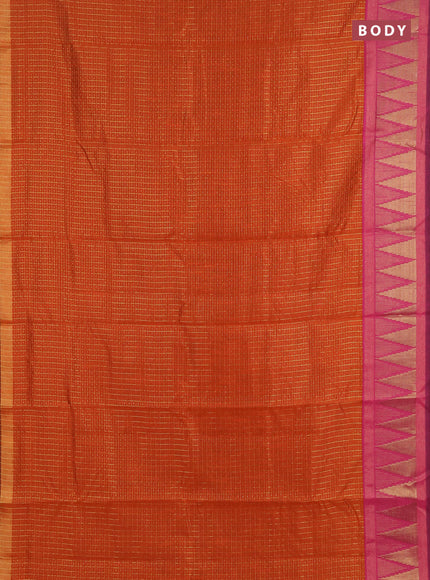 Semi dupion saree rust and pink with allover zari checks & buttas and temple design zari woven border