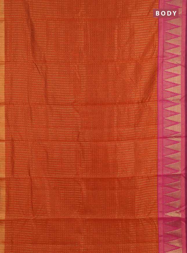 Semi dupion saree rust and pink with allover zari checks & buttas and temple design zari woven border