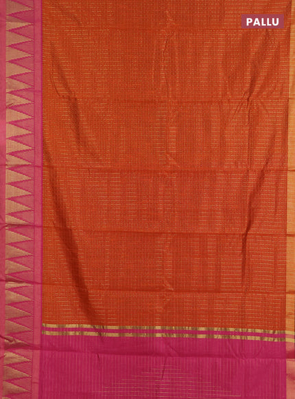 Semi dupion saree rust and pink with allover zari checks & buttas and temple design zari woven border