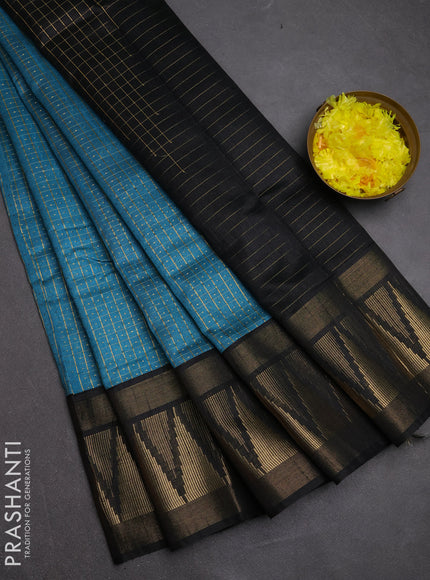 Semi dupion saree teal blue and black with allover zari checks & buttas and temple design zari woven border