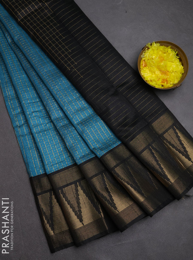 Semi dupion saree teal blue and black with allover zari checks & buttas and temple design zari woven border