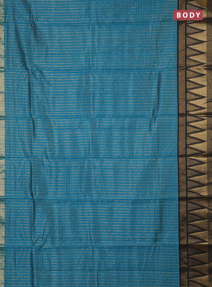 Semi dupion saree teal blue and black with allover zari checks & buttas and temple design zari woven border