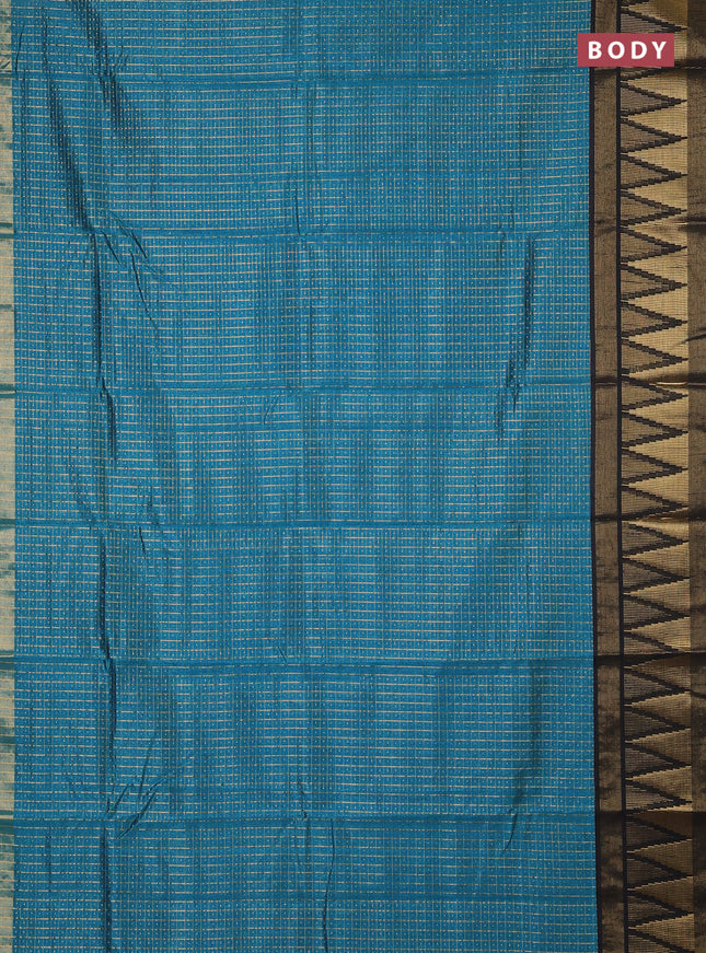 Semi dupion saree teal blue and black with allover zari checks & buttas and temple design zari woven border