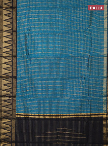 Semi dupion saree teal blue and black with allover zari checks & buttas and temple design zari woven border