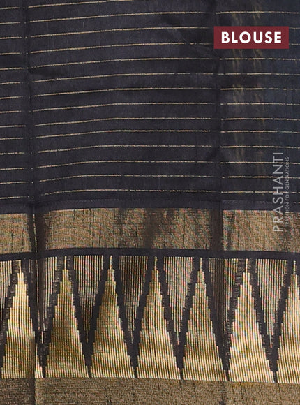 Semi dupion saree teal blue and black with allover zari checks & buttas and temple design zari woven border
