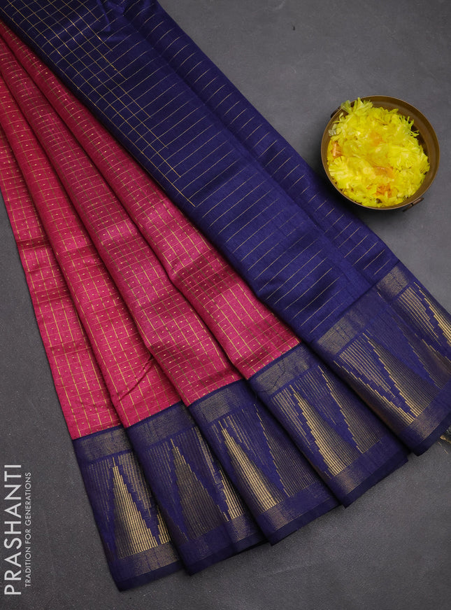 Semi dupion saree pink and navy blue with allover zari checks & buttas and temple design zari woven border
