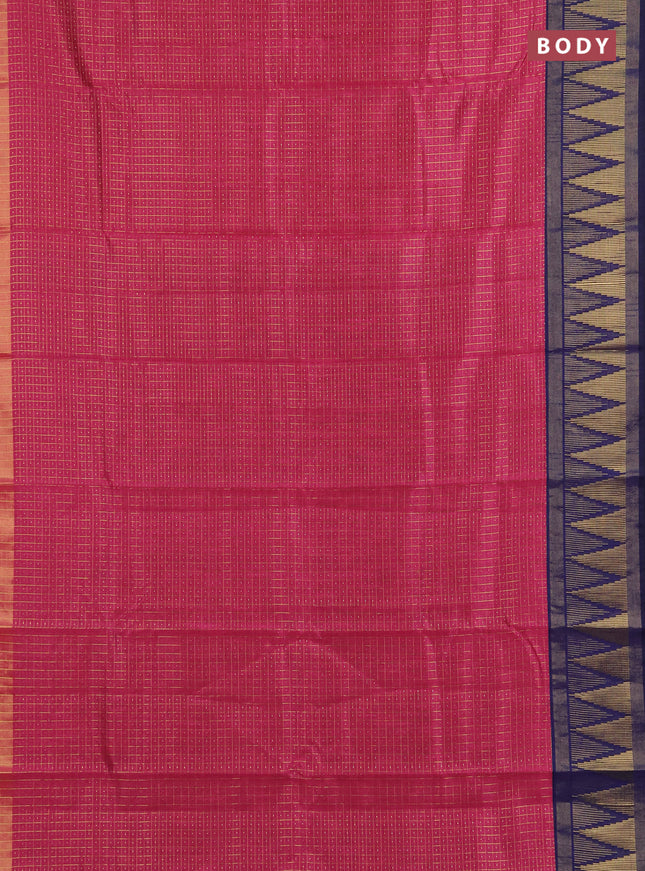 Semi dupion saree pink and navy blue with allover zari checks & buttas and temple design zari woven border
