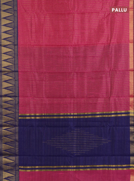 Semi dupion saree pink and navy blue with allover zari checks & buttas and temple design zari woven border