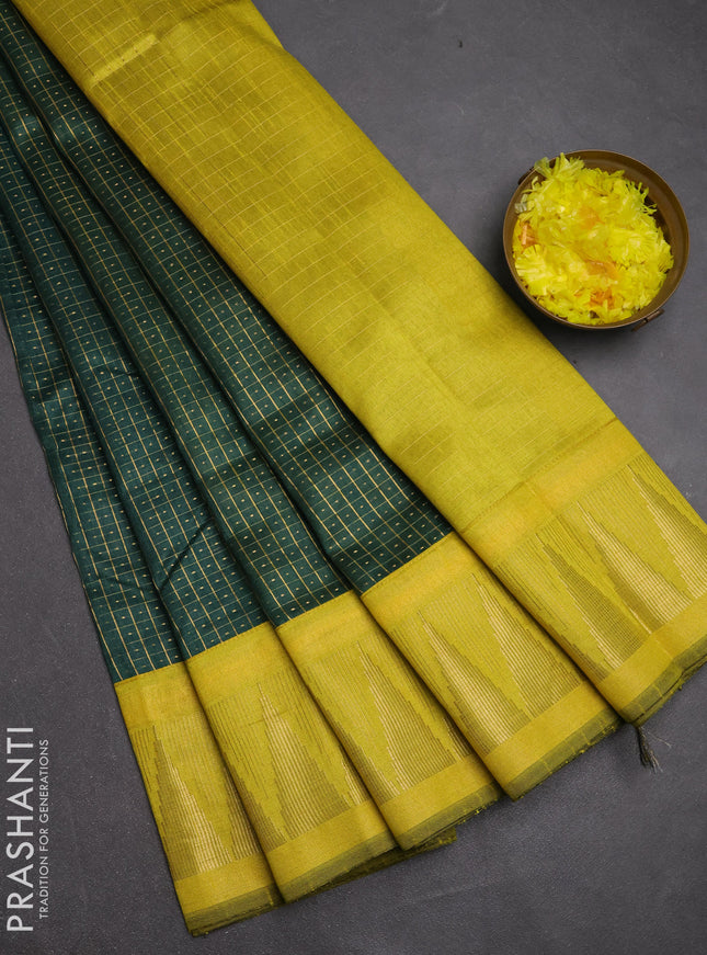 Semi dupion saree bottle green and lime yellow with allover zari checks & buttas and temple design zari woven border