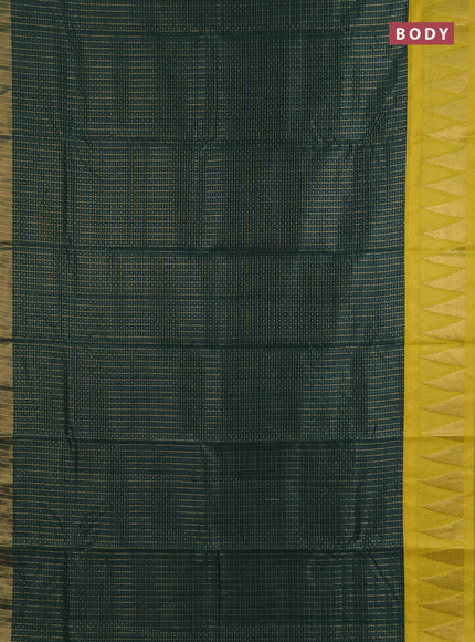 Semi dupion saree bottle green and lime yellow with allover zari checks & buttas and temple design zari woven border