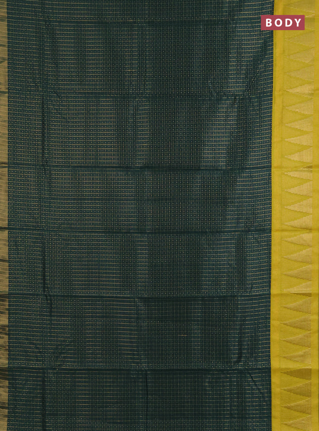 Semi dupion saree bottle green and lime yellow with allover zari checks & buttas and temple design zari woven border
