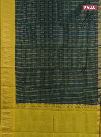 Semi dupion saree bottle green and lime yellow with allover zari checks & buttas and temple design zari woven border