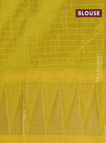Semi dupion saree bottle green and lime yellow with allover zari checks & buttas and temple design zari woven border
