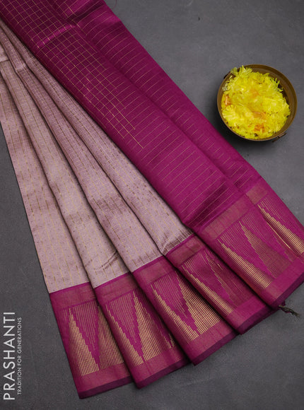 Semi dupion saree pastel peach and purple with allover zari checks & buttas and temple design zari woven border