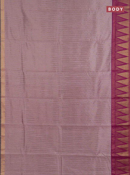 Semi dupion saree pastel peach and purple with allover zari checks & buttas and temple design zari woven border