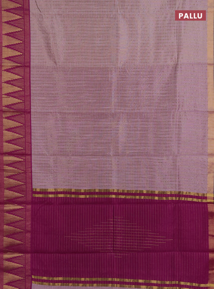 Semi dupion saree pastel peach and purple with allover zari checks & buttas and temple design zari woven border