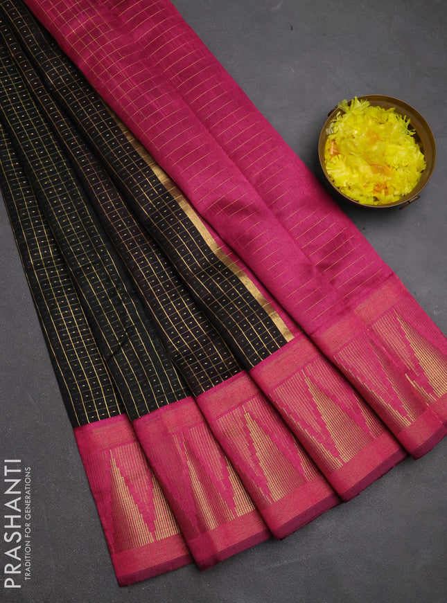 Semi dupion saree black and pink with allover zari checks & buttas and temple design zari woven border