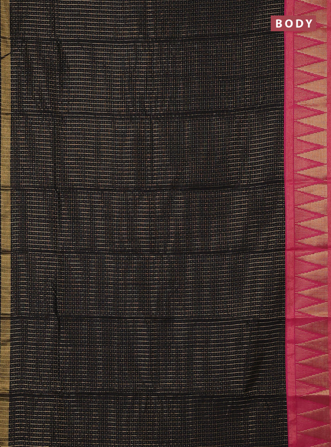 Semi dupion saree black and pink with allover zari checks & buttas and temple design zari woven border
