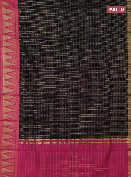 Semi dupion saree black and pink with allover zari checks & buttas and temple design zari woven border