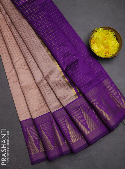 Semi dupion saree pastel pink and violet with allover zari checks & buttas and temple design zari woven border