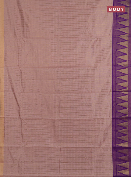 Semi dupion saree pastel pink and violet with allover zari checks & buttas and temple design zari woven border