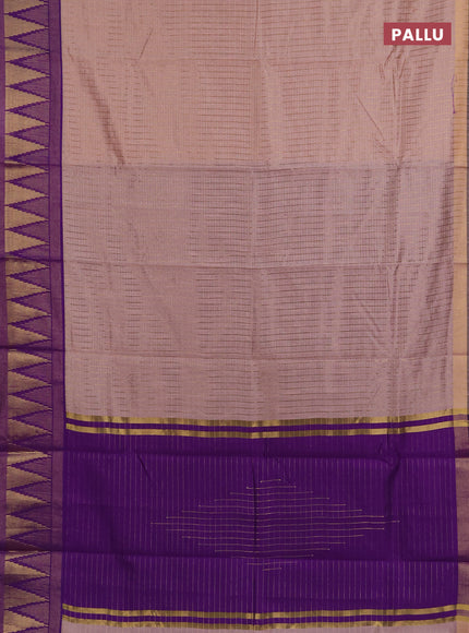 Semi dupion saree pastel pink and violet with allover zari checks & buttas and temple design zari woven border