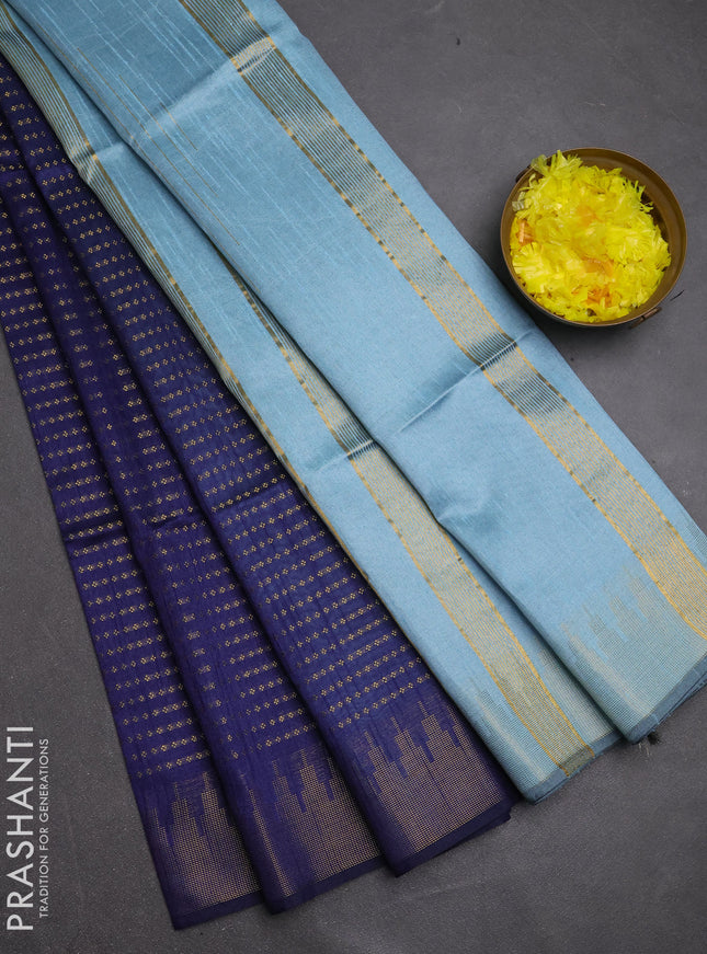Semi dupion saree navy blue and pastel blue with allover zari woven buttas and temple design zari woven border