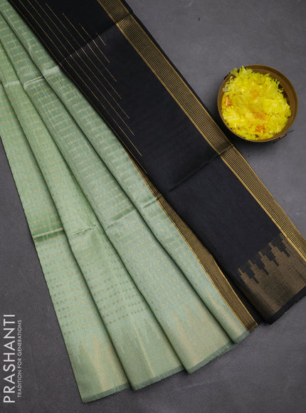 Semi dupion saree pastel green and black with allover zari woven buttas and temple design zari woven border