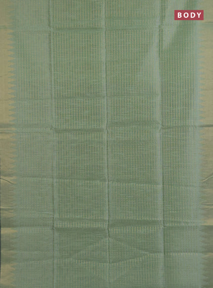 Semi dupion saree pastel green and black with allover zari woven buttas and temple design zari woven border